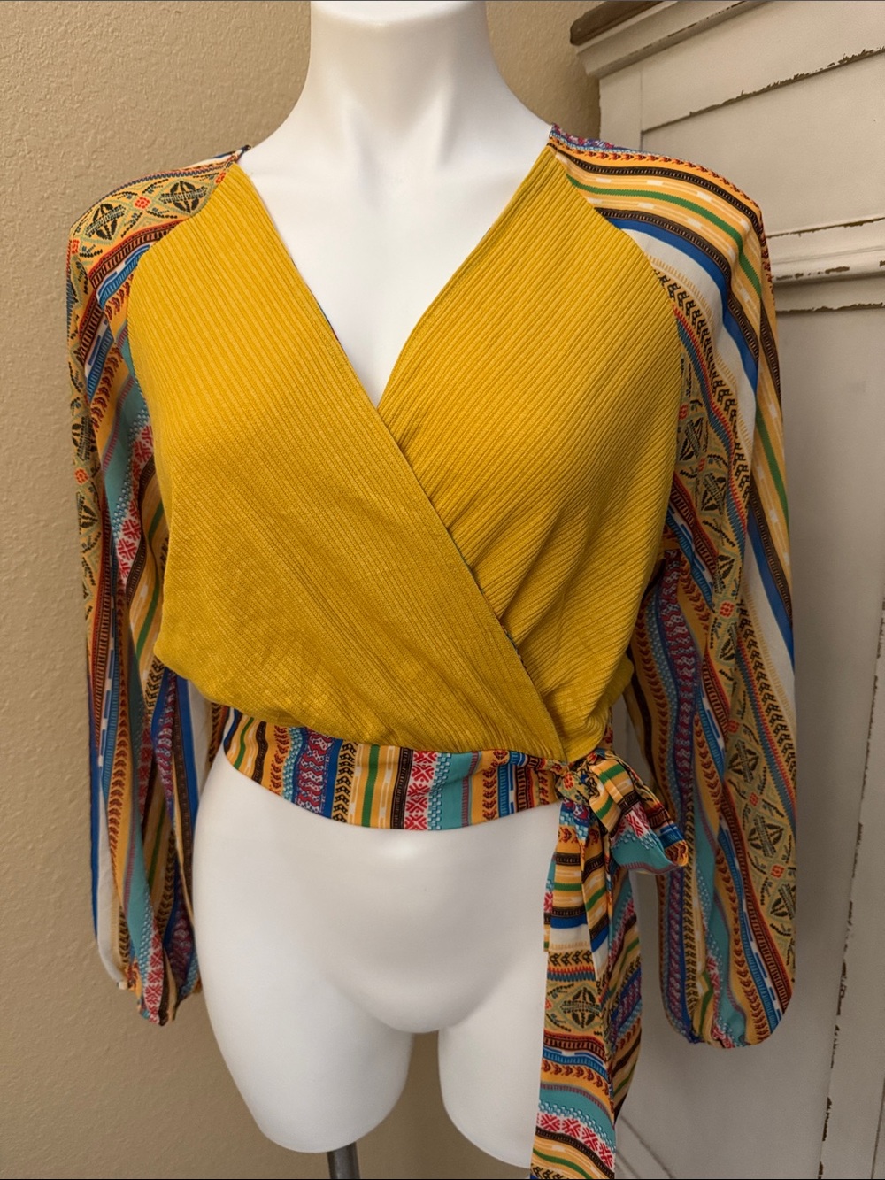 Flying Tomato Golden Yellow Wrap Blouse with Multicolor Stripe Sleeves